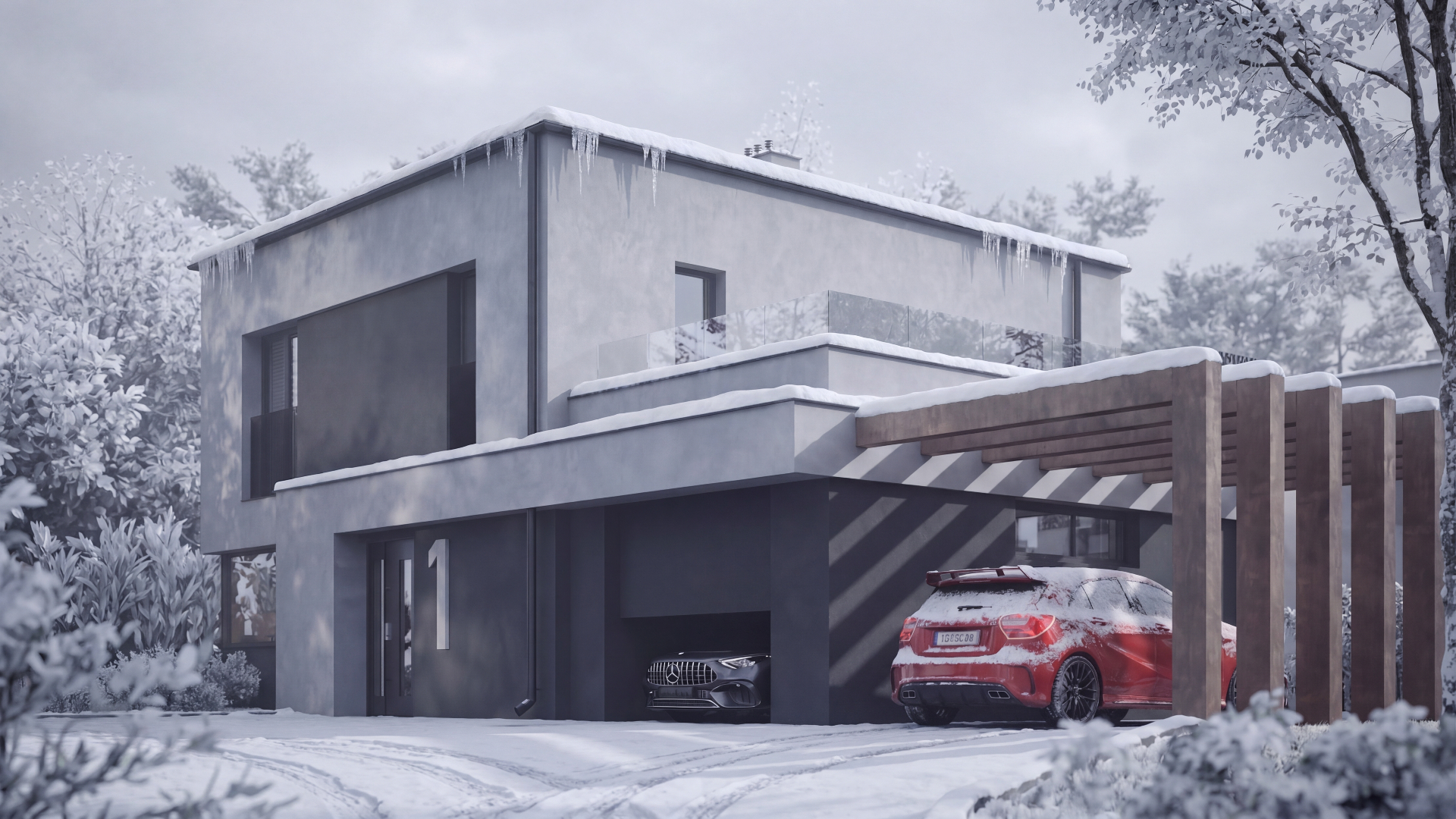Wizualizacja domu Brzozowe Wzgórze — wjazd i carport zimą